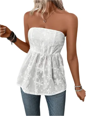 SweatyRocks Women's Strapless Sleeveless Floral Embroidery Tube Tops Smocked Summer Boho Tops