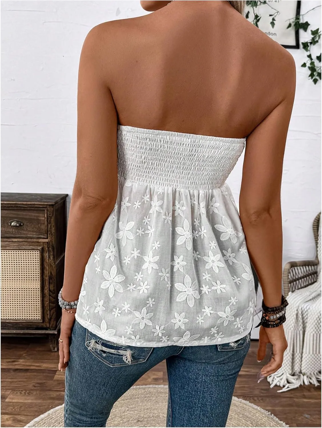 SweatyRocks Women's Strapless Sleeveless Floral Embroidery Tube Tops Smocked Summer Boho Tops