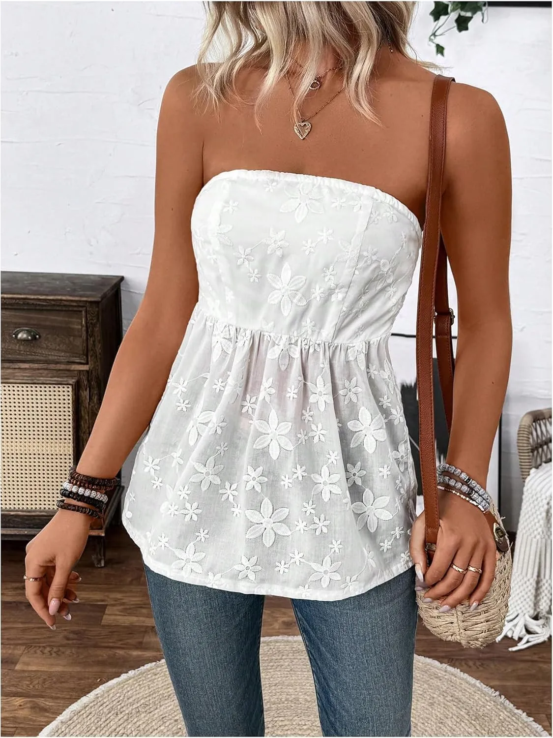 SweatyRocks Women's Strapless Sleeveless Floral Embroidery Tube Tops Smocked Summer Boho Tops