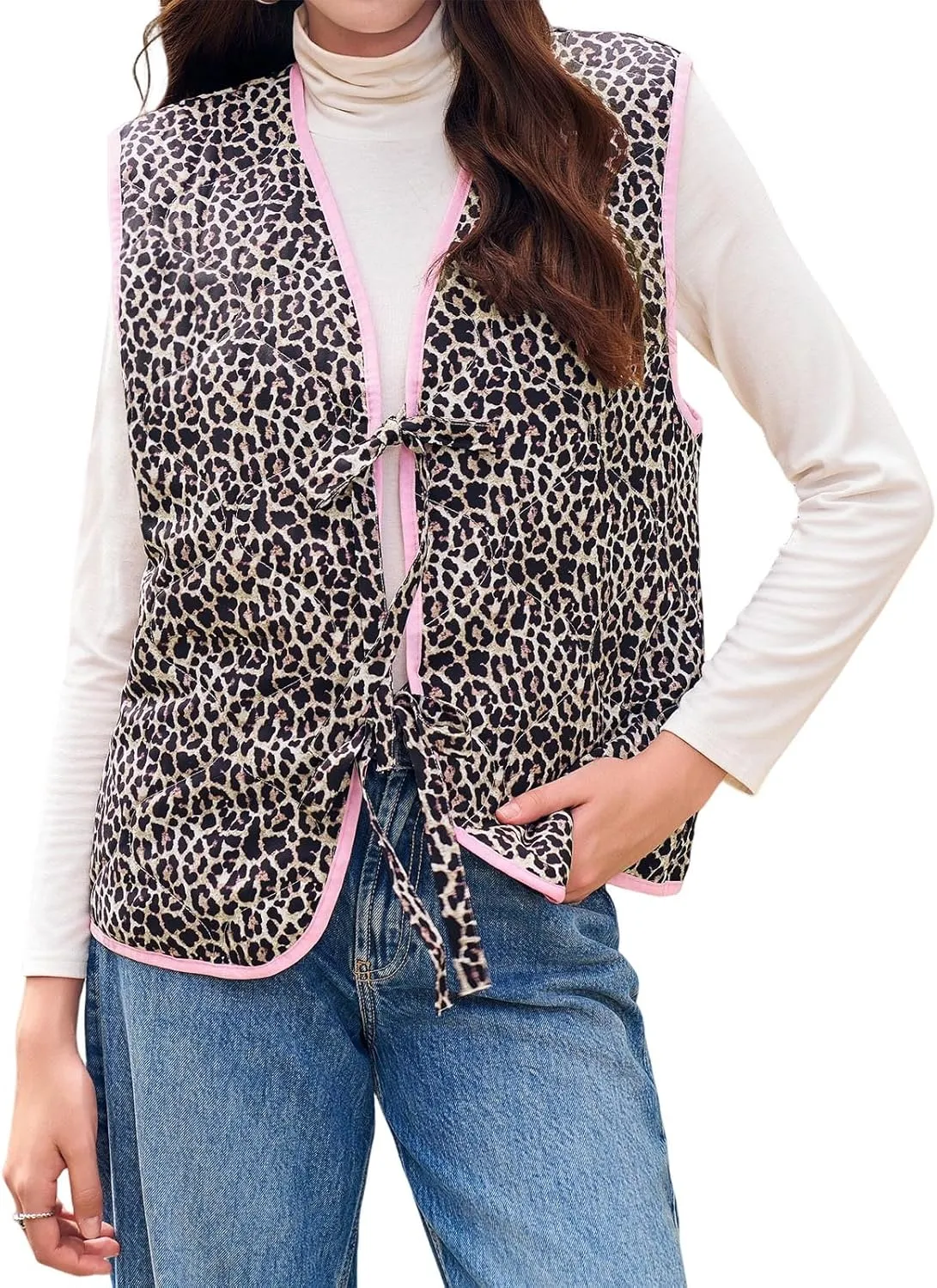 Tankaneo Womens Puffer Vest Sleeveless Leopard Print Tie Front Tops Quilted Gilet Jacket Coat Outerwear