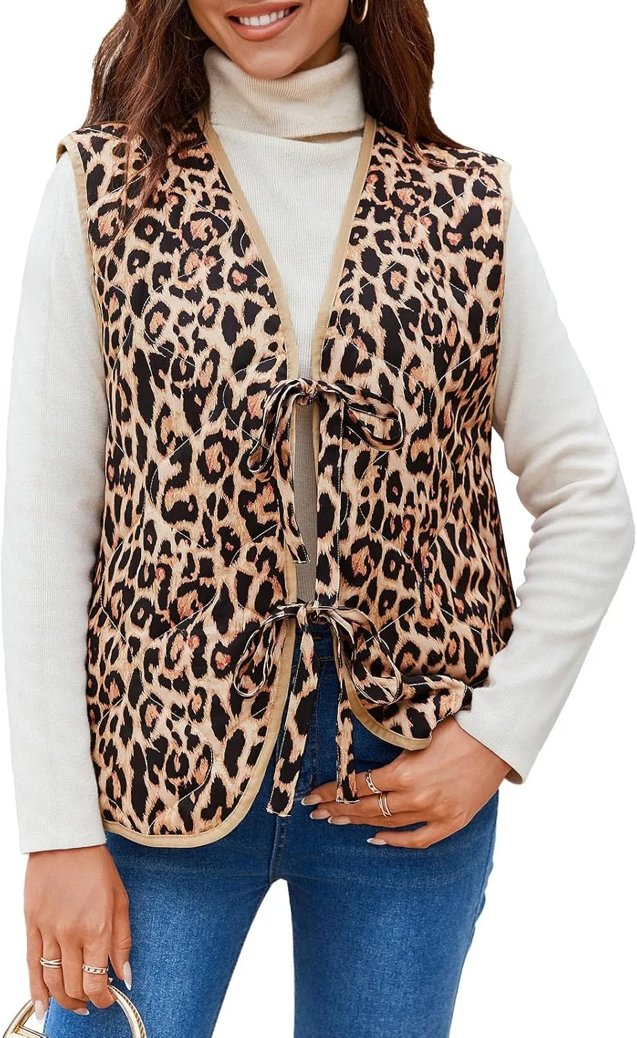 Tankaneo Womens Puffer Vest Sleeveless Leopard Print Tie Front Tops Quilted Gilet Jacket Coat Outerwear