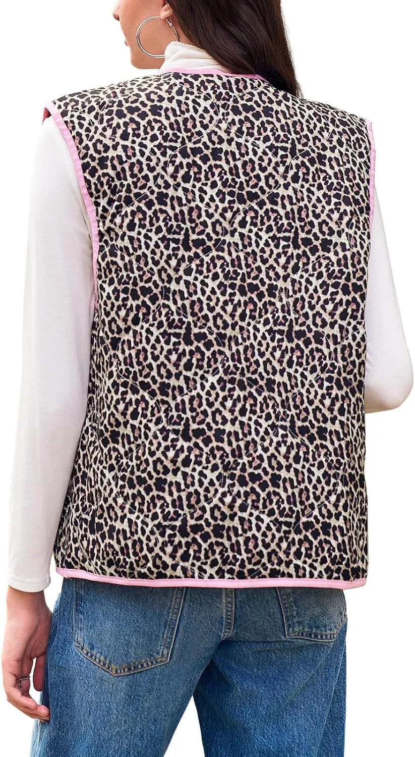 Tankaneo Womens Puffer Vest Sleeveless Leopard Print Tie Front Tops Quilted Gilet Jacket Coat Outerwear