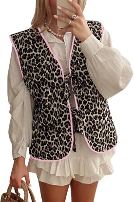 Tankaneo Womens Puffer Vest Sleeveless Leopard Print Tie Front Tops Quilted Gilet Jacket Coat Outerwear