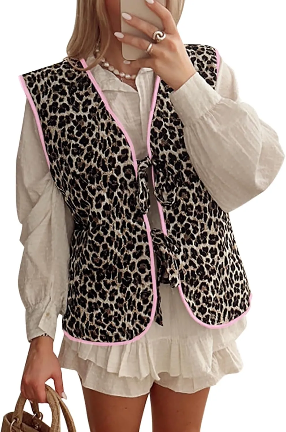 Tankaneo Womens Puffer Vest Sleeveless Leopard Print Tie Front Tops Quilted Gilet Jacket Coat Outerwear
