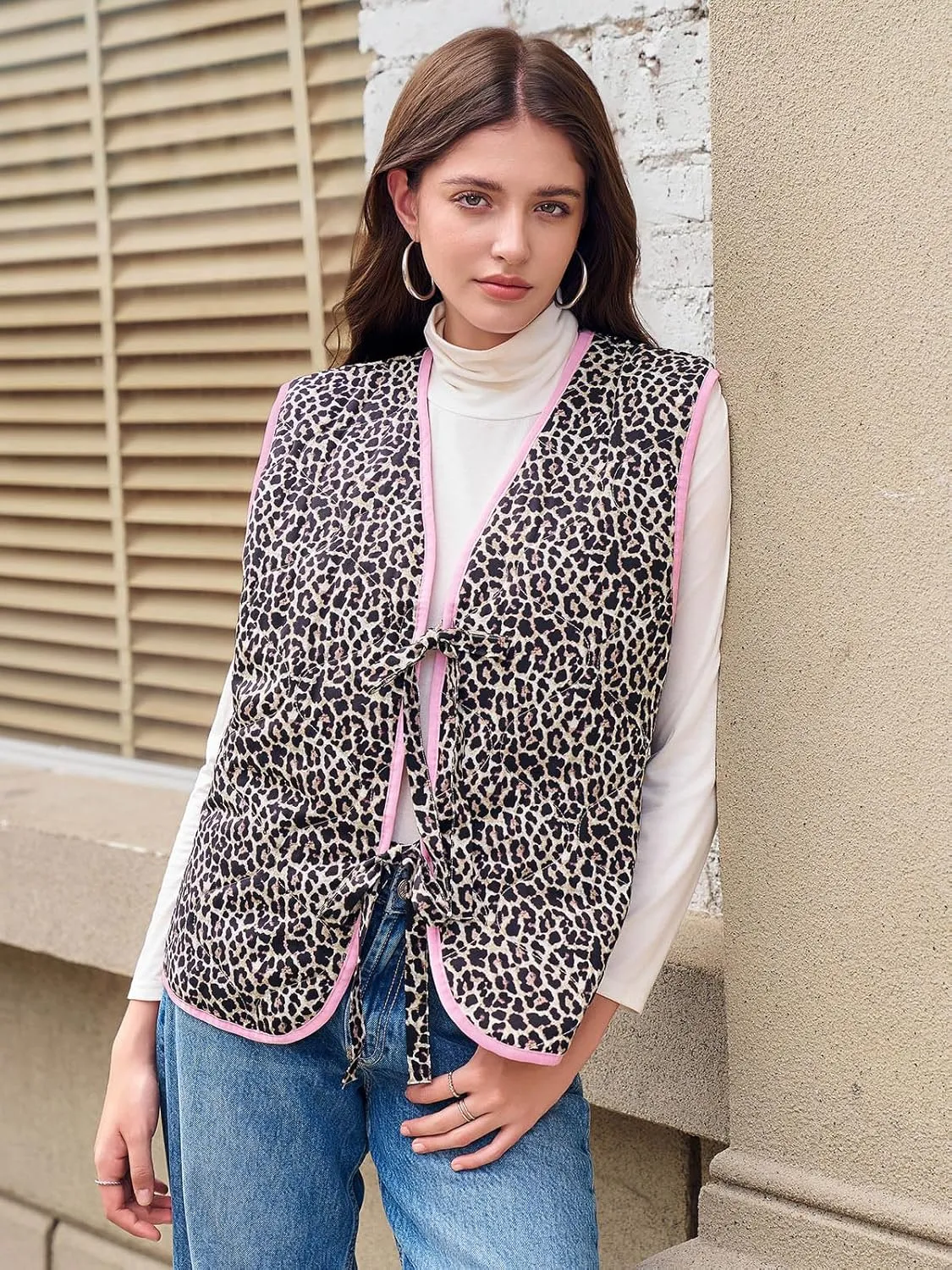 Tankaneo Womens Puffer Vest Sleeveless Leopard Print Tie Front Tops Quilted Gilet Jacket Coat Outerwear