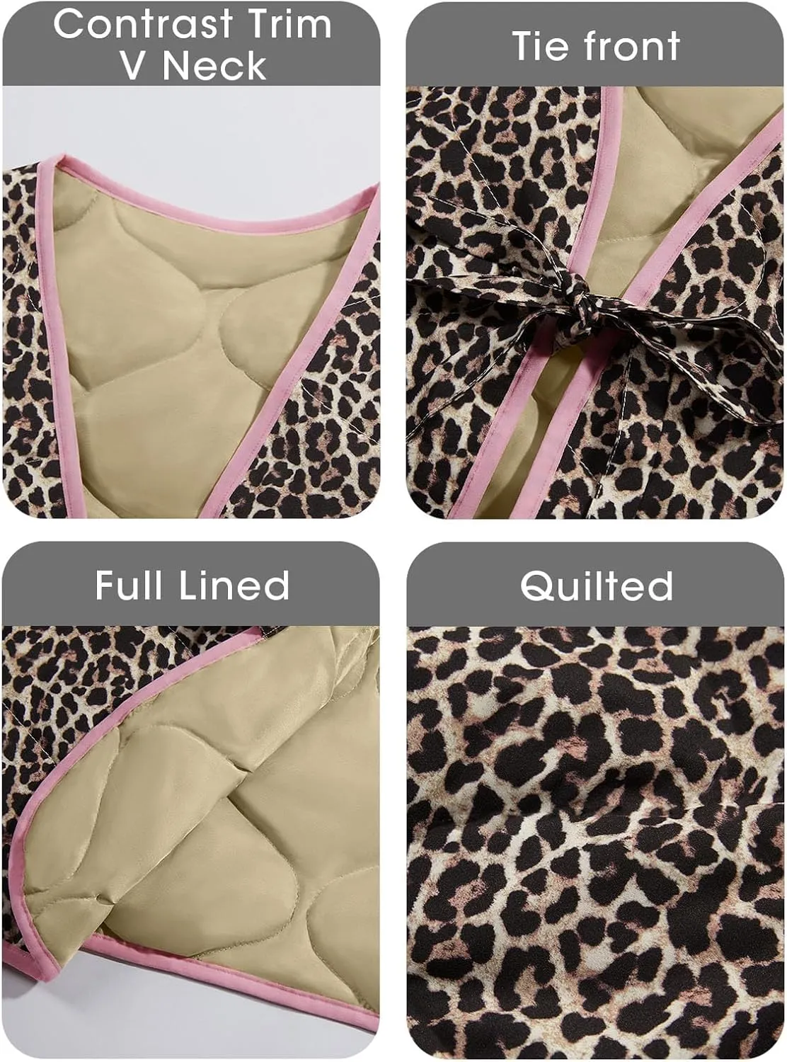 Tankaneo Womens Puffer Vest Sleeveless Leopard Print Tie Front Tops Quilted Gilet Jacket Coat Outerwear