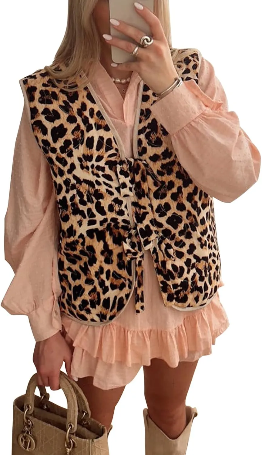 Tankaneo Womens Puffer Vest Sleeveless Leopard Print Tie Front Tops Quilted Gilet Jacket Coat Outerwear