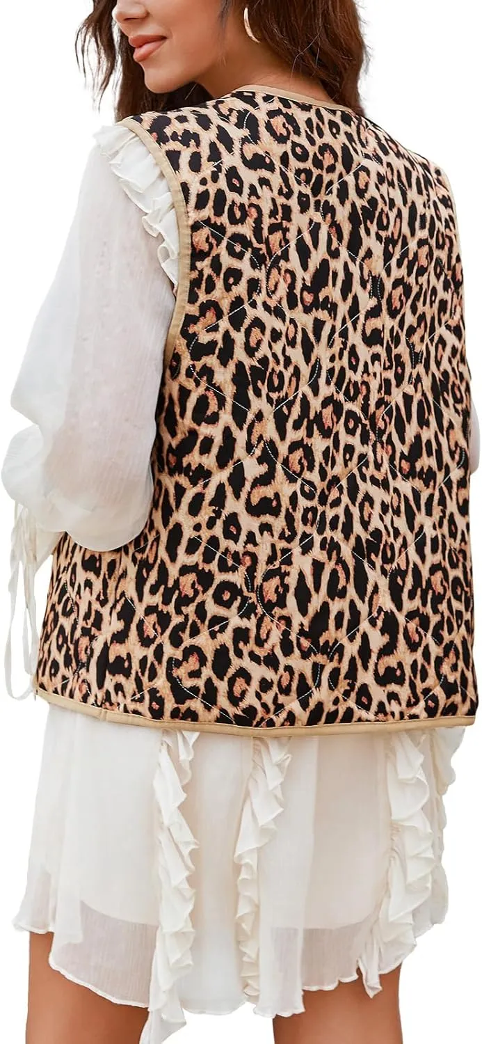 Tankaneo Womens Puffer Vest Sleeveless Leopard Print Tie Front Tops Quilted Gilet Jacket Coat Outerwear