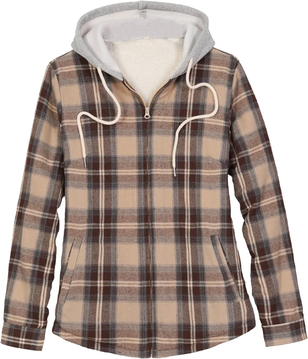 ThCreasa Womens Full Sherpa Lined Plaid Flannel Hooded Jacket with Hand Pockets, Zip Up Fuzzy Hoodie Flannel Shacket