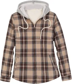 ThCreasa Womens Full Sherpa Lined Plaid Flannel Hooded Jacket with Hand Pockets, Zip Up Fuzzy Hoodie Flannel Shacket
