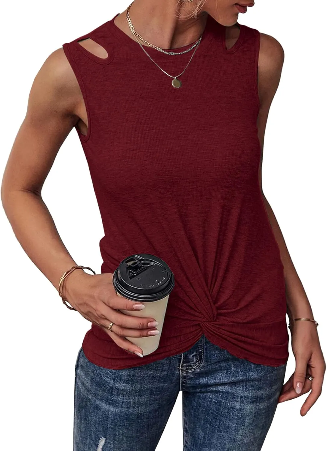 Vrtige Women's Casual Crewneck Twist Front Cut Out Sleeveless Tank Top Blouse Shirt