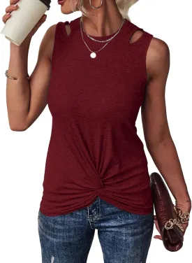 Vrtige Women's Casual Crewneck Twist Front Cut Out Sleeveless Tank Top Blouse Shirt