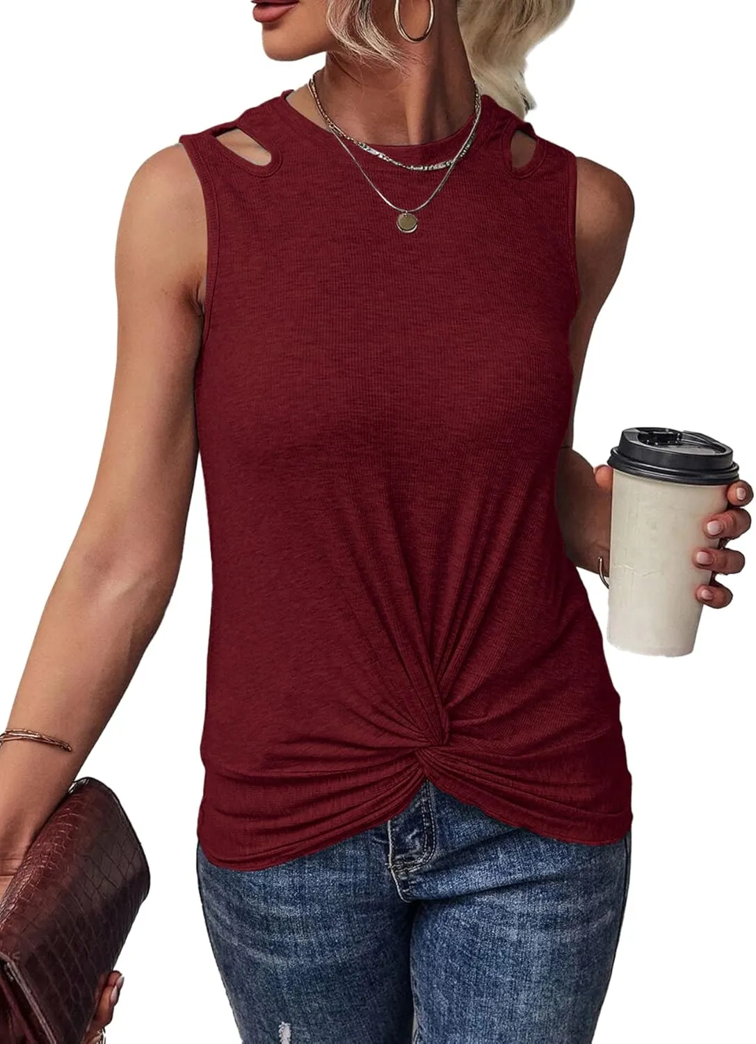 Vrtige Women's Casual Crewneck Twist Front Cut Out Sleeveless Tank Top Blouse Shirt
