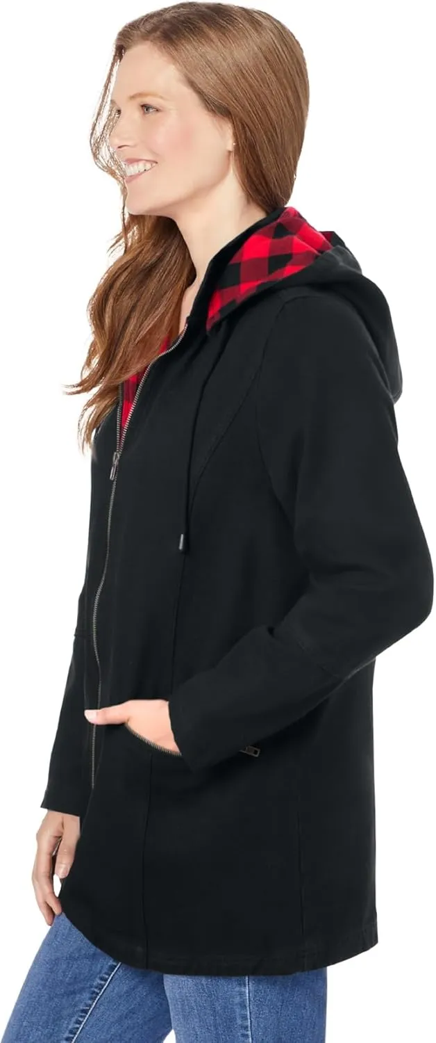 Woman Within Plus Size Flannel-Lined Denim Jacket Removable Hood Long Oversized Jean Coat