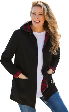 Woman Within Plus Size Flannel-Lined Denim Jacket Removable Hood Long Oversized Jean Coat