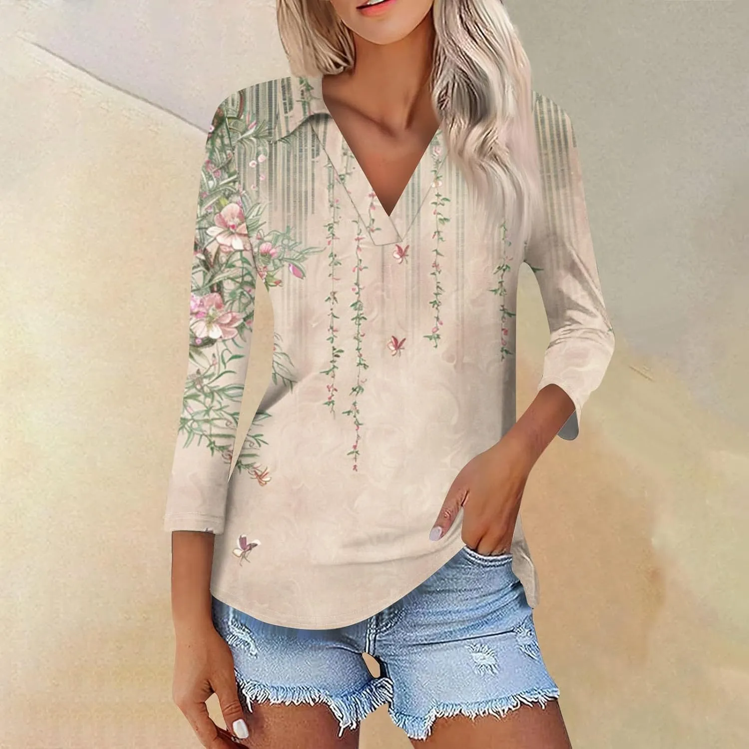 Women's 3/4 Sleeve Tops Polo Shirts V Neck Collared Tshirt Cute Printed Tee Blouse Casual Three Quarter Sleeve Tops