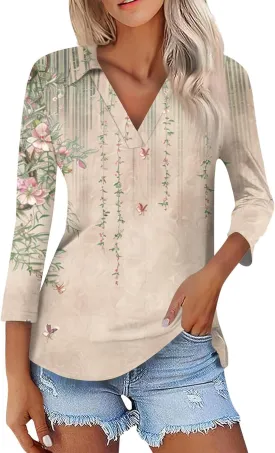 Women's 3/4 Sleeve Tops Polo Shirts V Neck Collared Tshirt Cute Printed Tee Blouse Casual Three Quarter Sleeve Tops