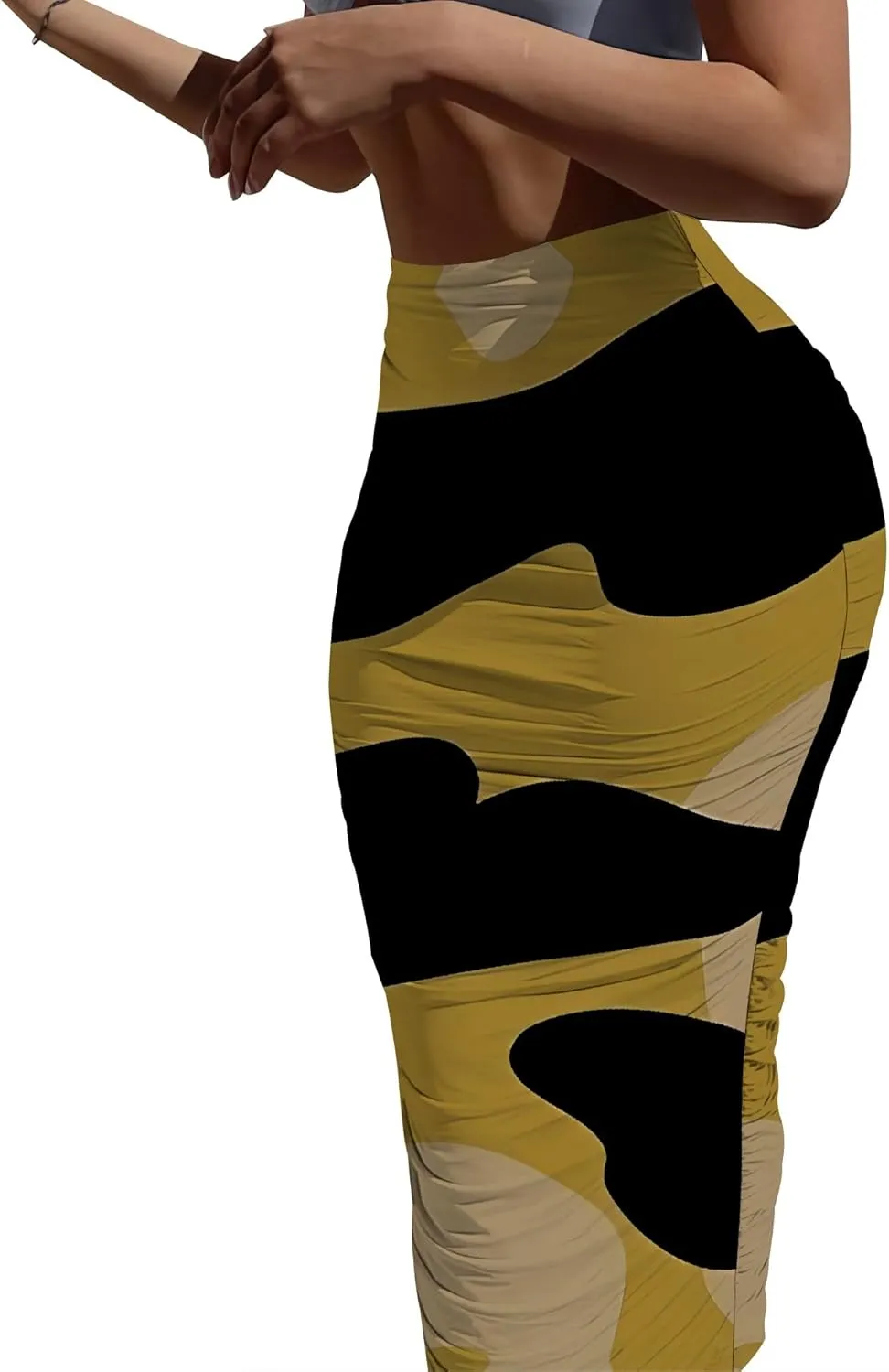 Women's Casual Ruched High Waist Bodycon Party Club Night Out Pencil Suit Skirt Elegant Stretchy Below Knee Work Skirt Dress