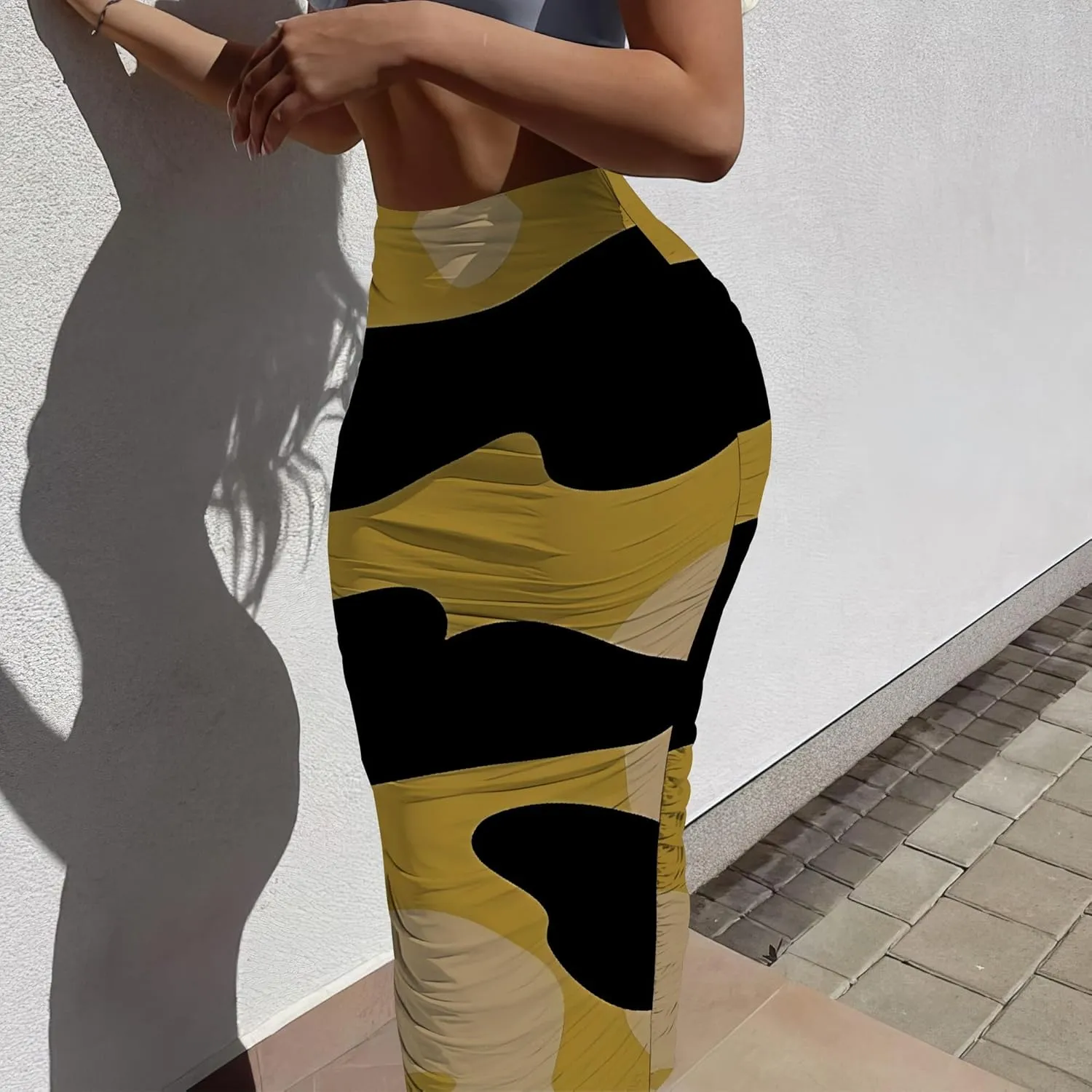 Women's Casual Ruched High Waist Bodycon Party Club Night Out Pencil Suit Skirt Elegant Stretchy Below Knee Work Skirt Dress