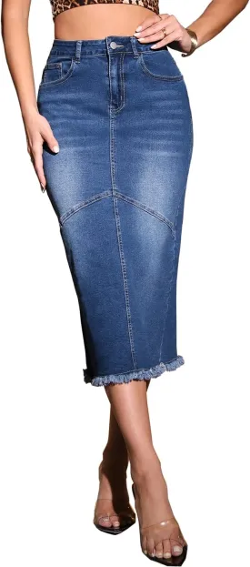 Women's Long Jean Skirts Stretch Denim Midi Skirts with Back Slit Bodycon Mid Waisted A Line Dress with Pockets