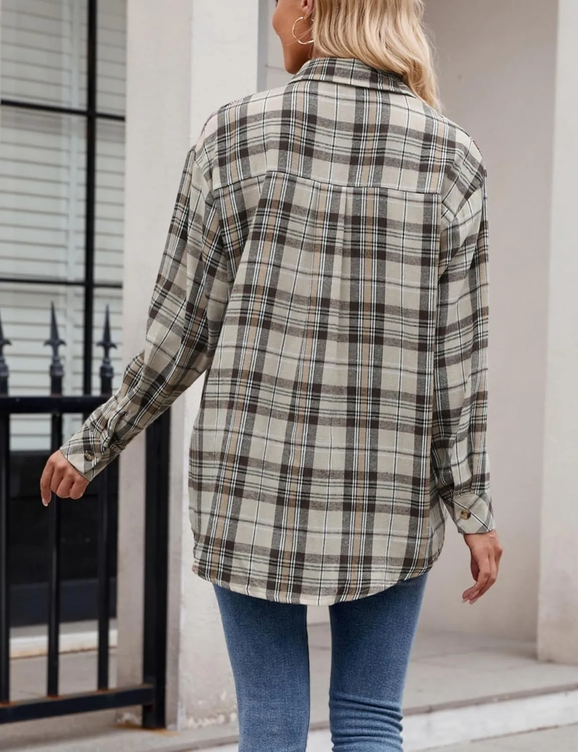 Womens Oversized Flannel Plaid Shirts Casual Button Down Blouse Tops with Pockets