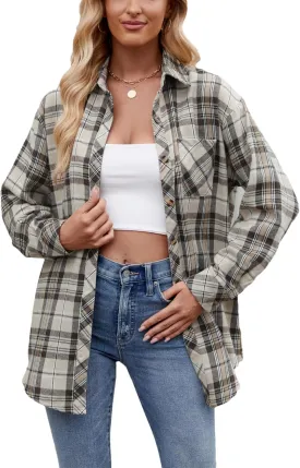 Womens Oversized Flannel Plaid Shirts Casual Button Down Blouse Tops with Pockets