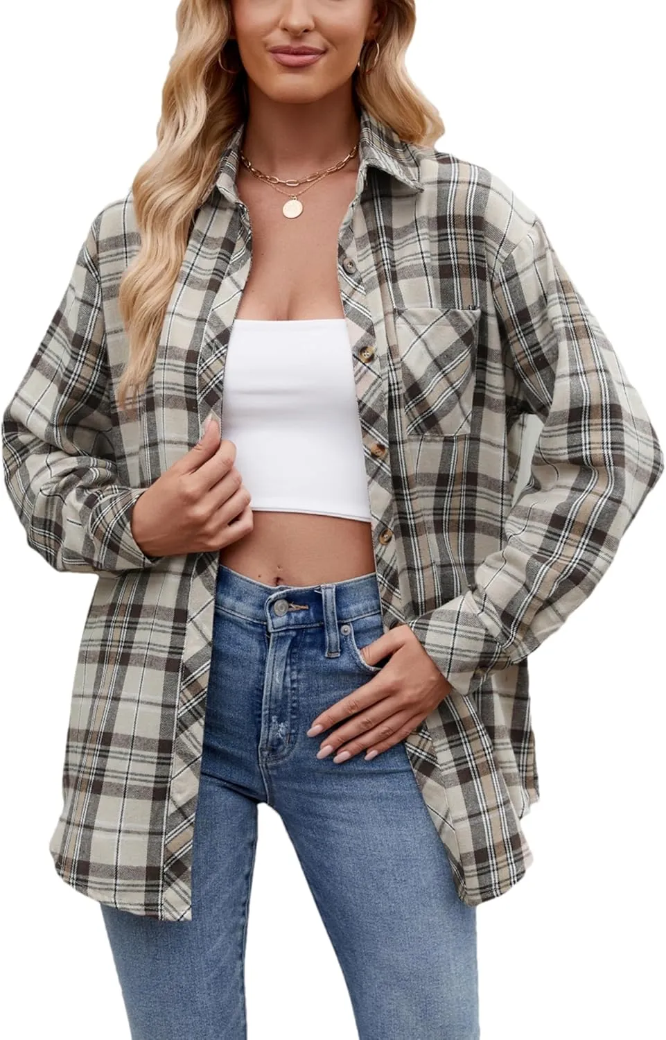 Womens Oversized Flannel Plaid Shirts Casual Button Down Blouse Tops with Pockets