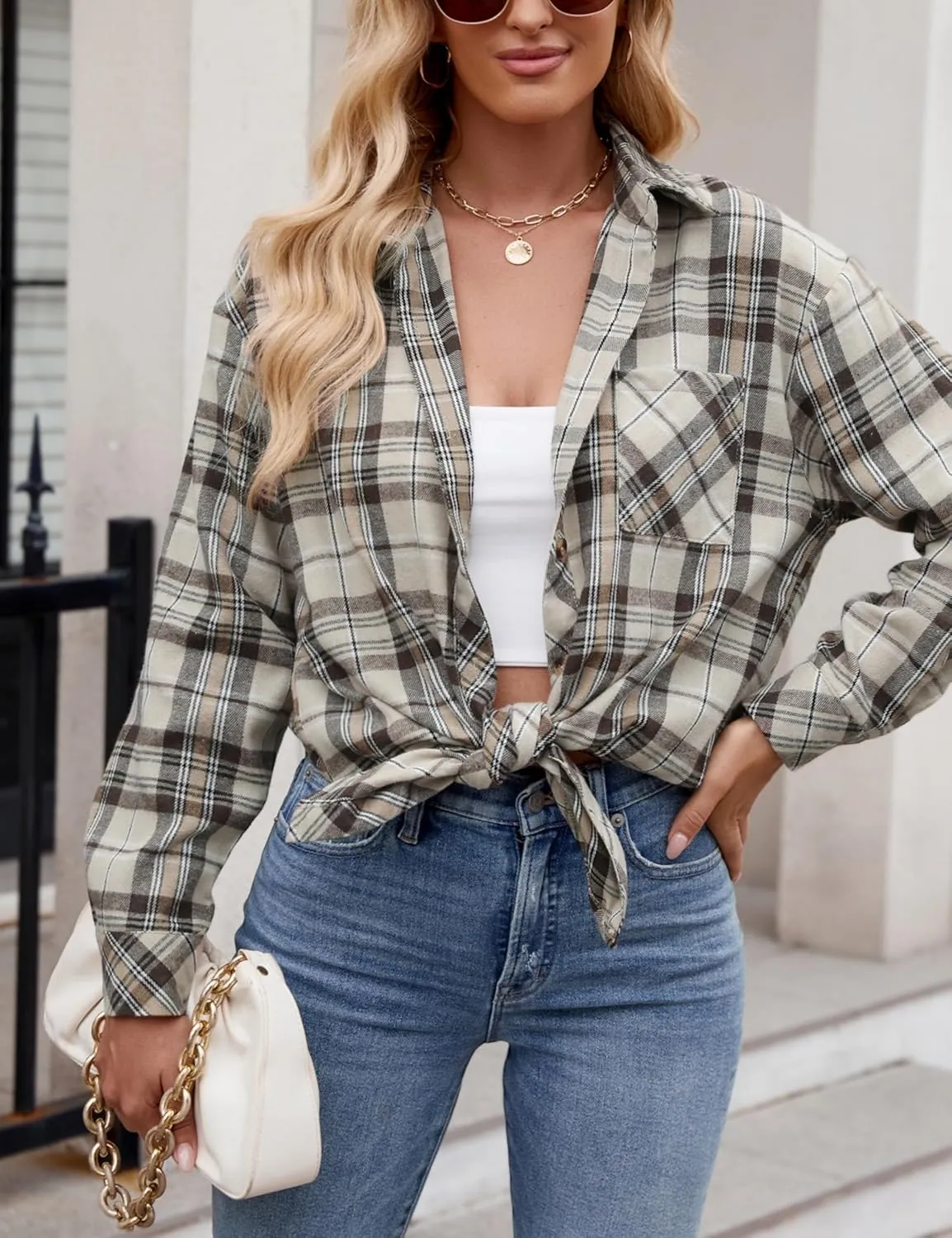 Womens Oversized Flannel Plaid Shirts Casual Button Down Blouse Tops with Pockets