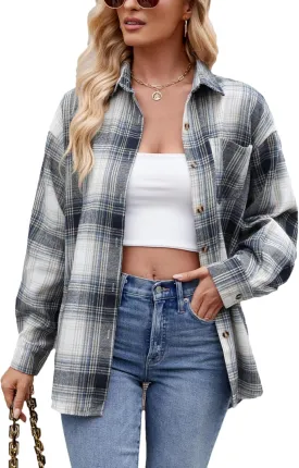 Womens Oversized Flannel Plaid Shirts Casual Button Down Blouse Tops with Pockets