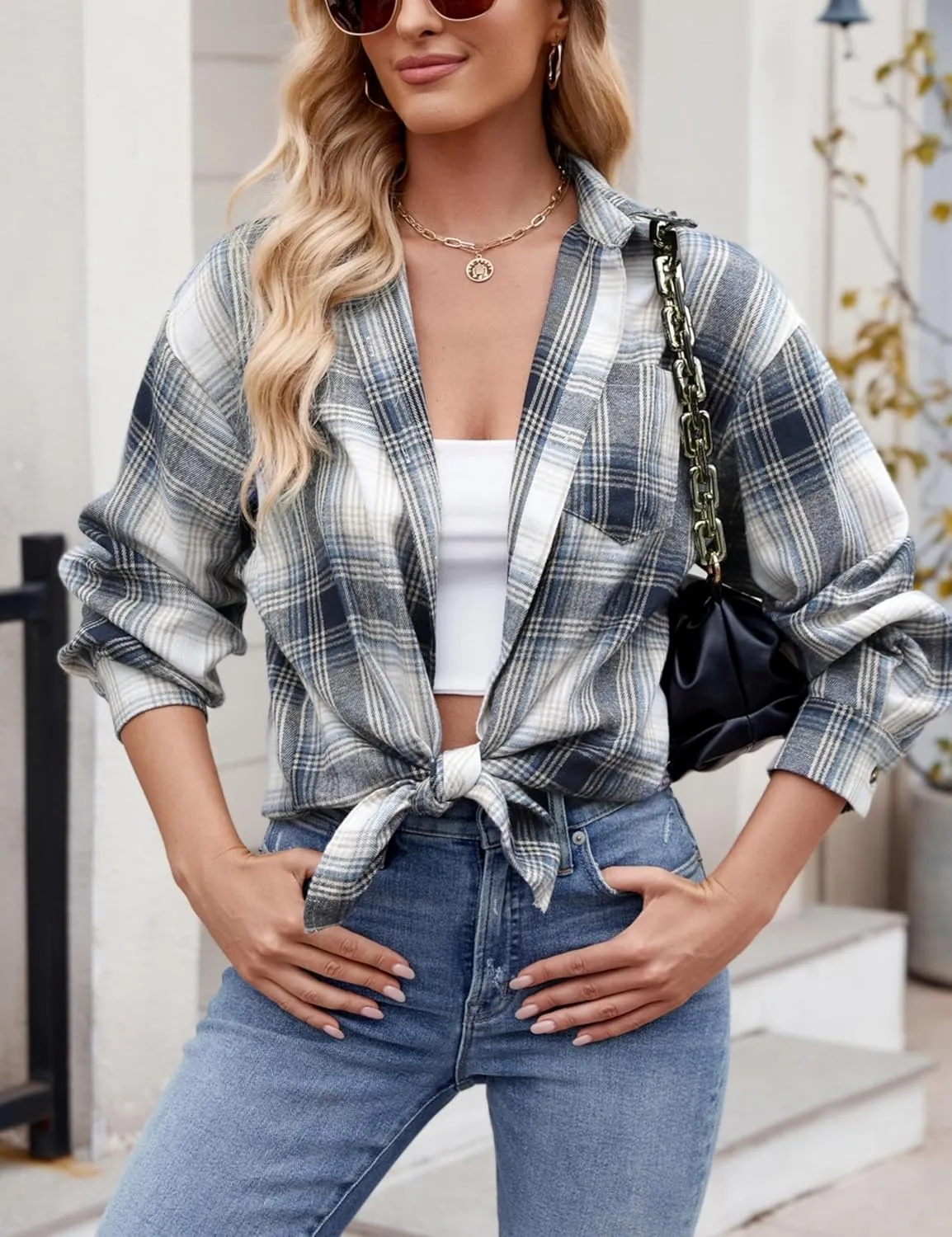 Womens Oversized Flannel Plaid Shirts Casual Button Down Blouse Tops with Pockets