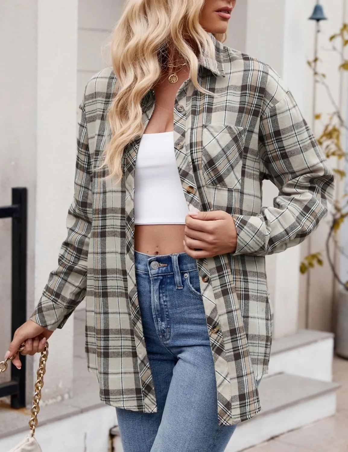 Womens Oversized Flannel Plaid Shirts Casual Button Down Blouse Tops with Pockets