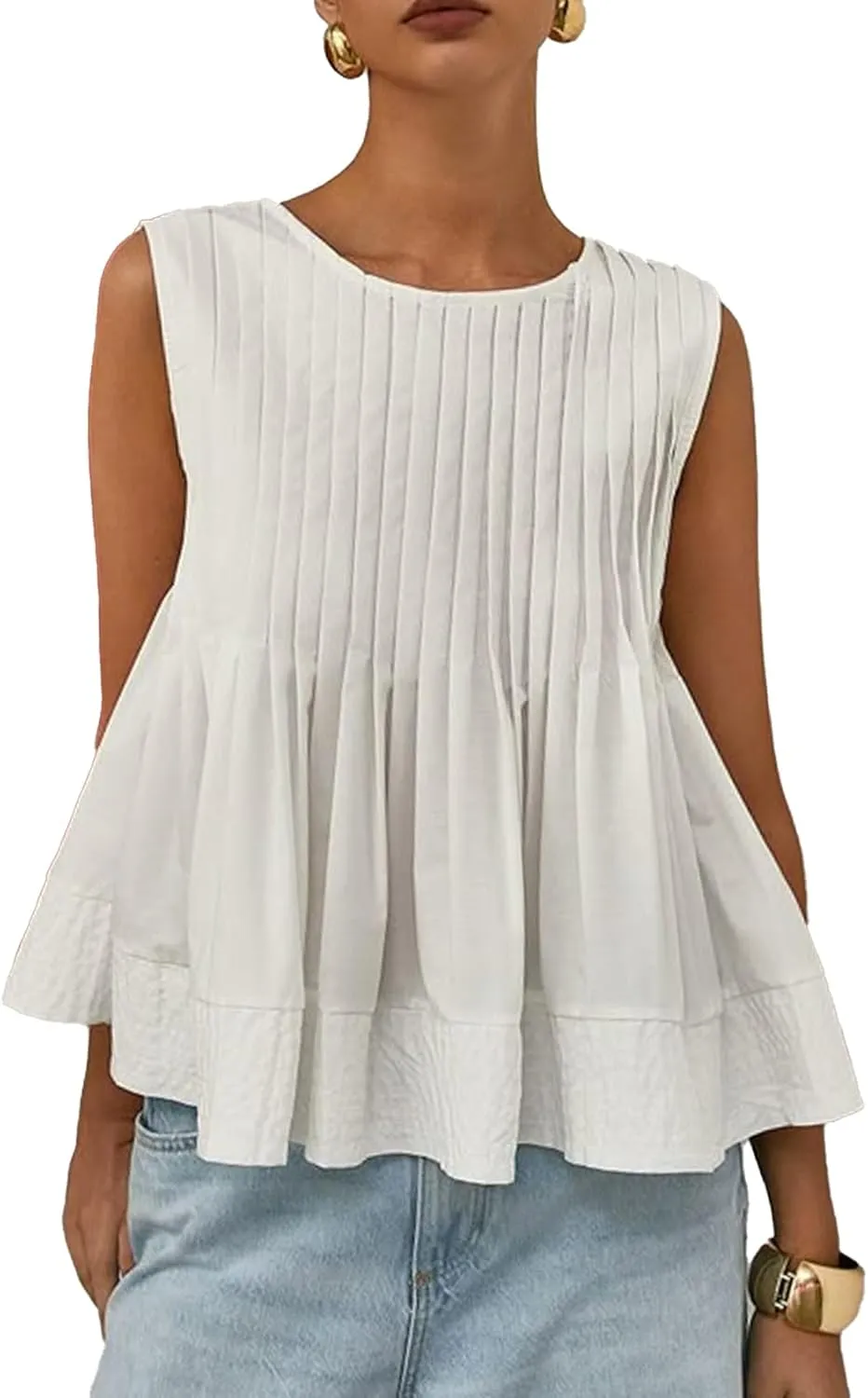 Women's Pleated Peplum Sleeveless Blouses Babydoll Ruffle Hem Tank Tops Y2K Round Neck Blouse Shirt