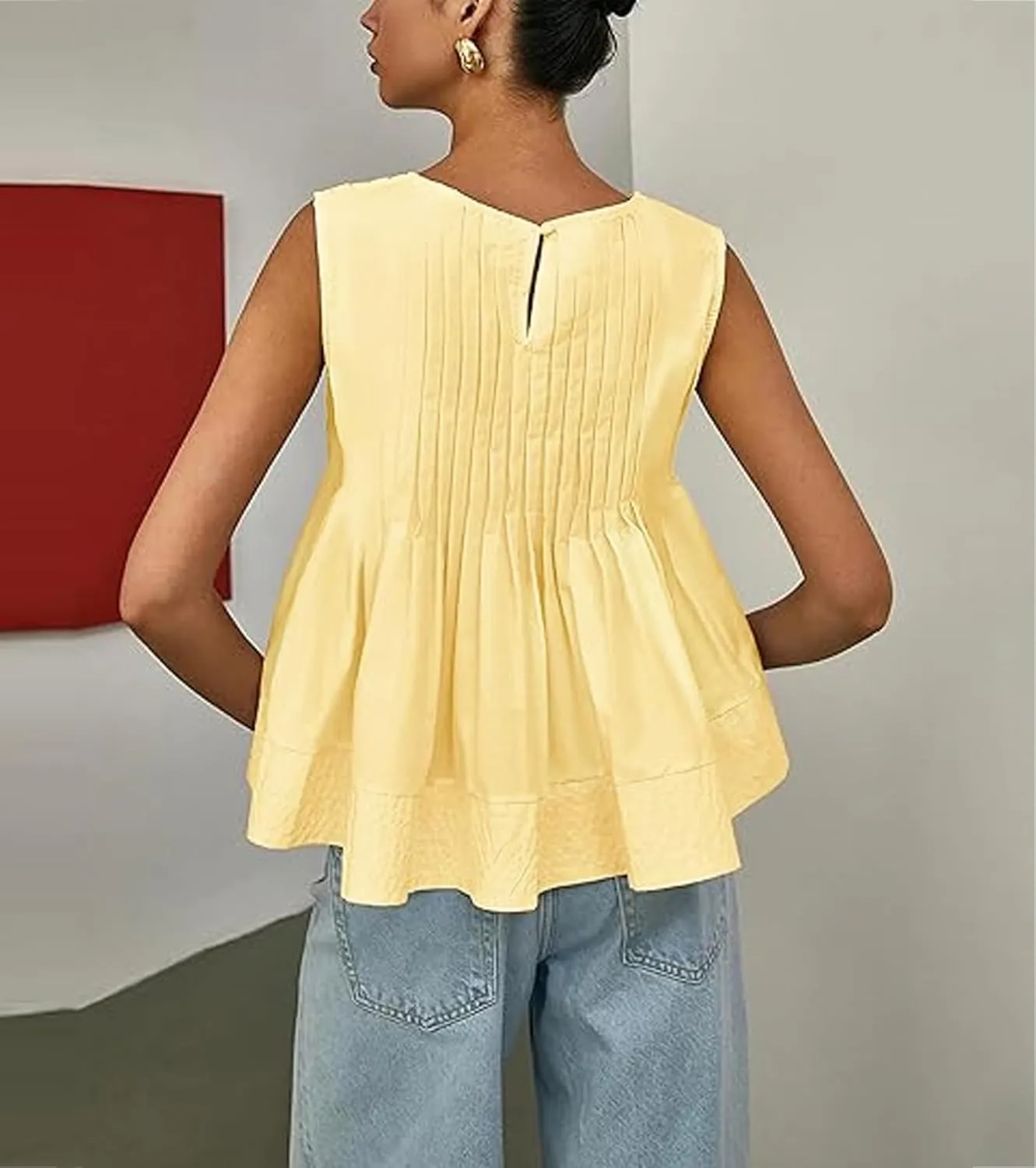 Women's Pleated Peplum Sleeveless Blouses Babydoll Ruffle Hem Tank Tops Y2K Round Neck Blouse Shirt