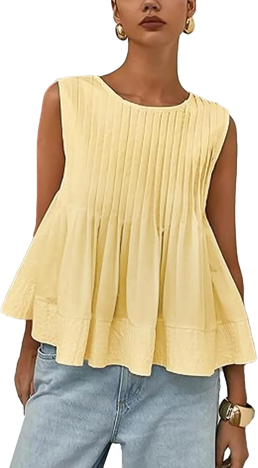 Women's Pleated Peplum Sleeveless Blouses Babydoll Ruffle Hem Tank Tops Y2K Round Neck Blouse Shirt