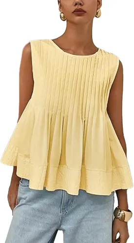 Women's Pleated Peplum Sleeveless Blouses Babydoll Ruffle Hem Tank Tops Y2K Round Neck Blouse Shirt