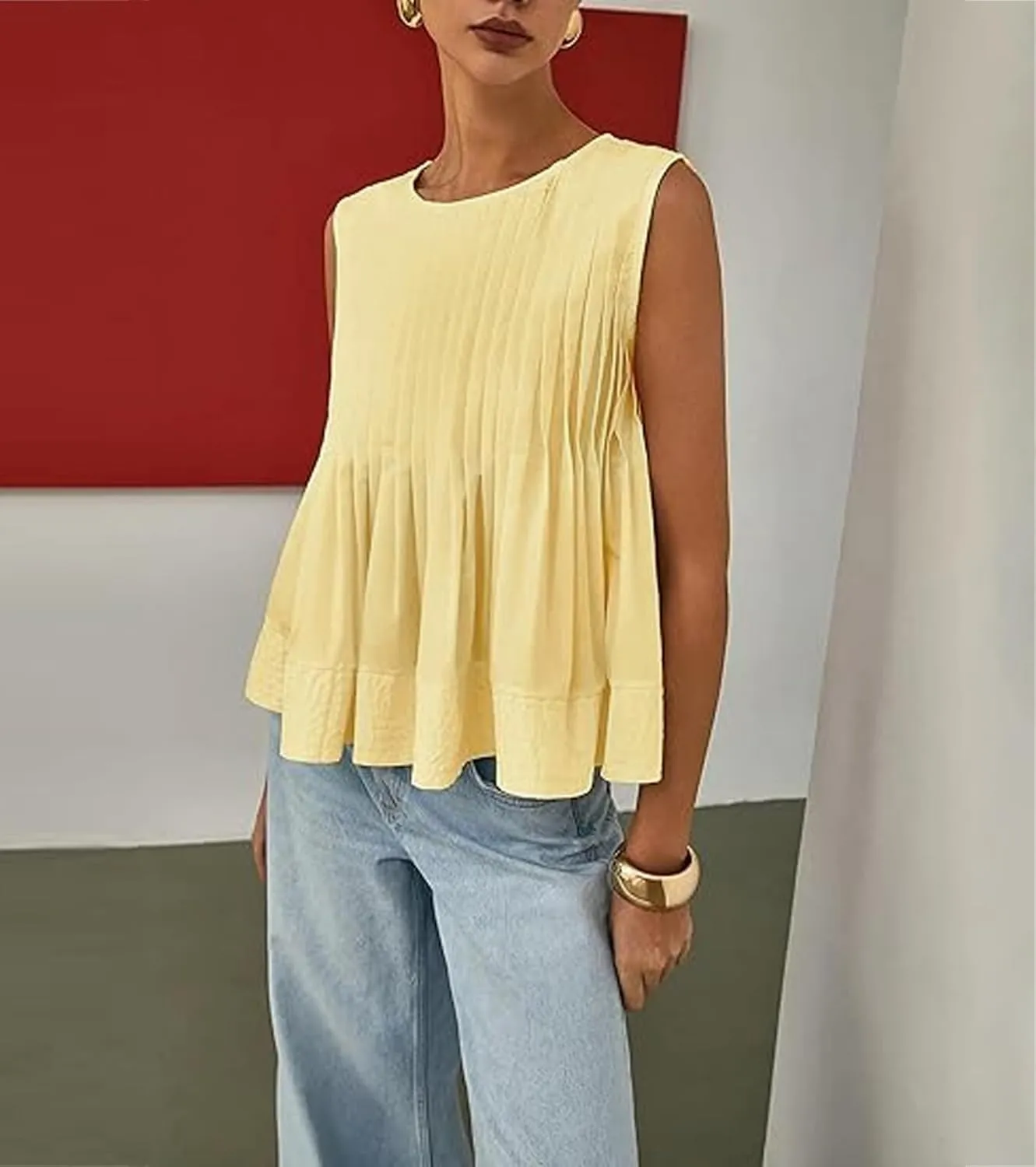 Women's Pleated Peplum Sleeveless Blouses Babydoll Ruffle Hem Tank Tops Y2K Round Neck Blouse Shirt
