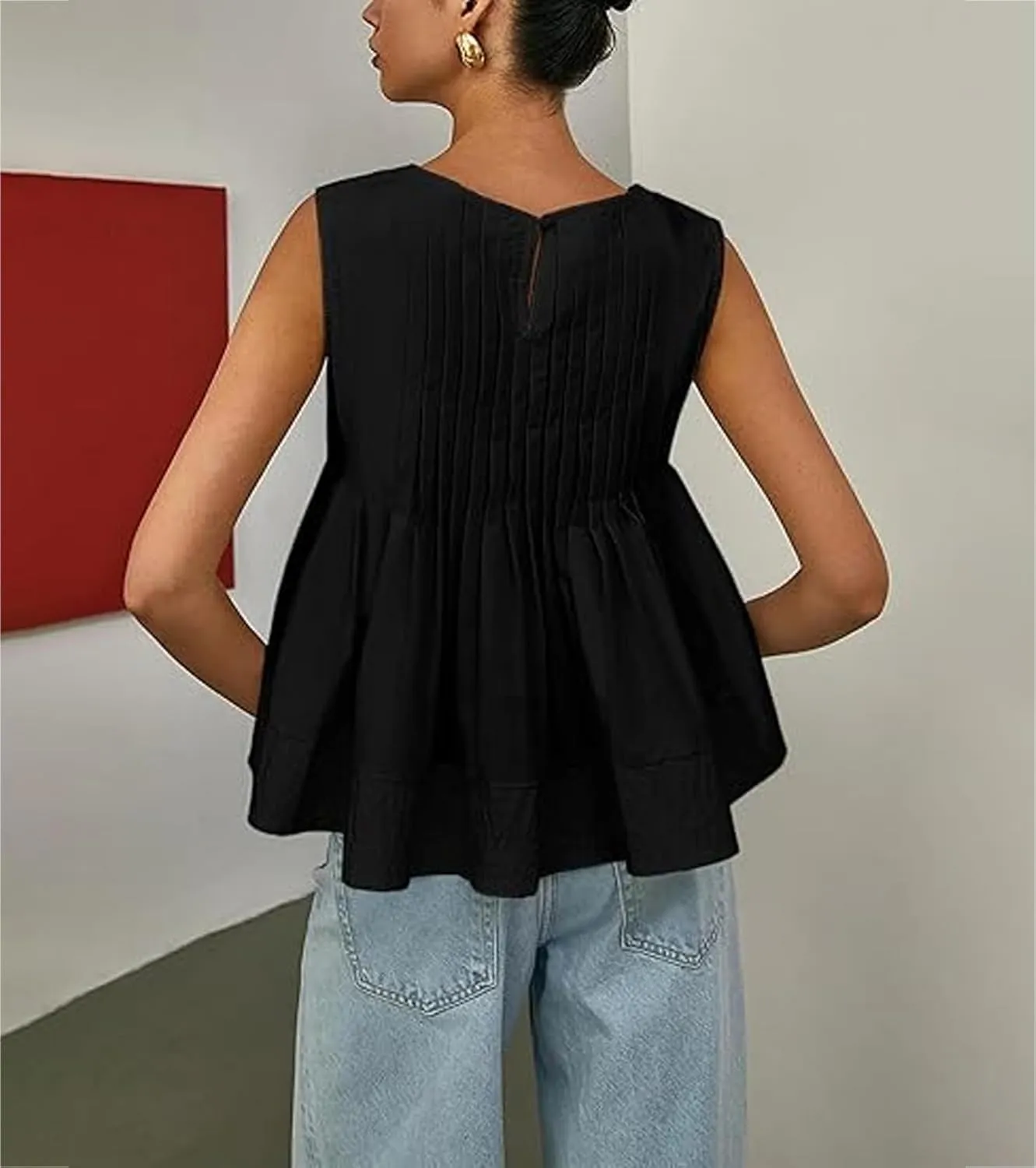 Women's Pleated Peplum Sleeveless Blouses Babydoll Ruffle Hem Tank Tops Y2K Round Neck Blouse Shirt