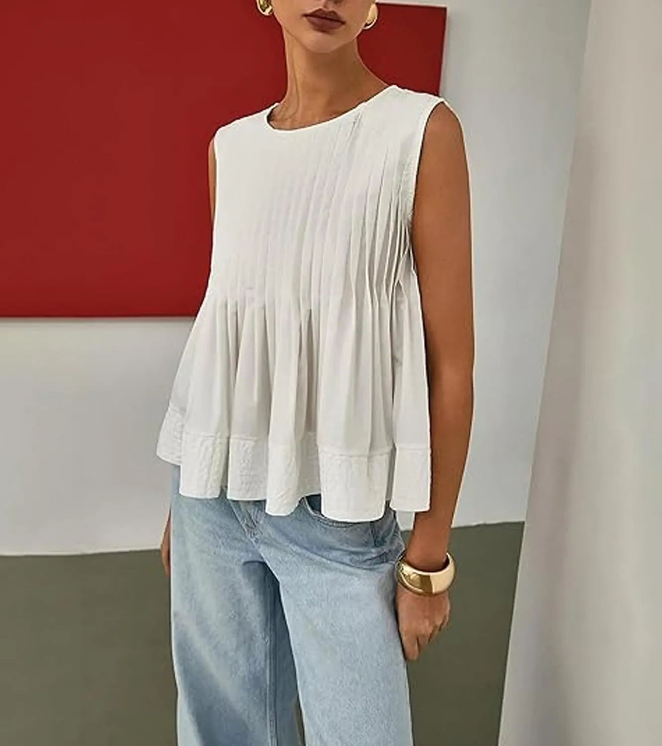 Women's Pleated Peplum Sleeveless Blouses Babydoll Ruffle Hem Tank Tops Y2K Round Neck Blouse Shirt