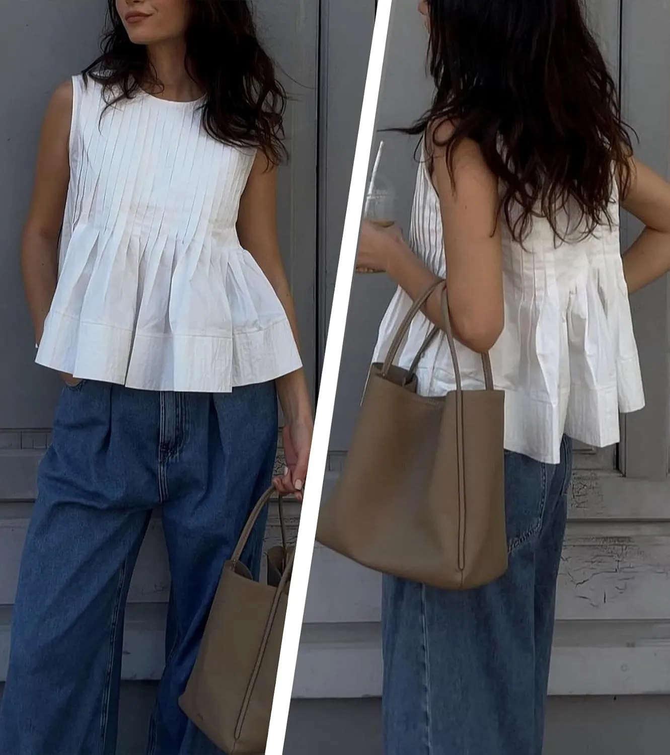 Women's Pleated Peplum Sleeveless Blouses Babydoll Ruffle Hem Tank Tops Y2K Round Neck Blouse Shirt