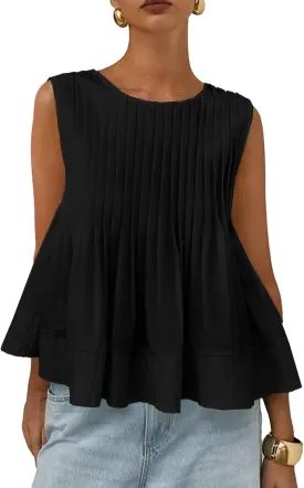 Women's Pleated Peplum Sleeveless Blouses Babydoll Ruffle Hem Tank Tops Y2K Round Neck Blouse Shirt