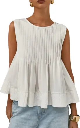 Women's Pleated Peplum Sleeveless Blouses Babydoll Ruffle Hem Tank Tops Y2K Round Neck Blouse Shirt