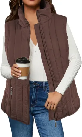 Women's Quilted Vest Casual Sleeveless Lightweight Zip Up Outerwear Vest Coat Winter Stand Collar Gilet 2024