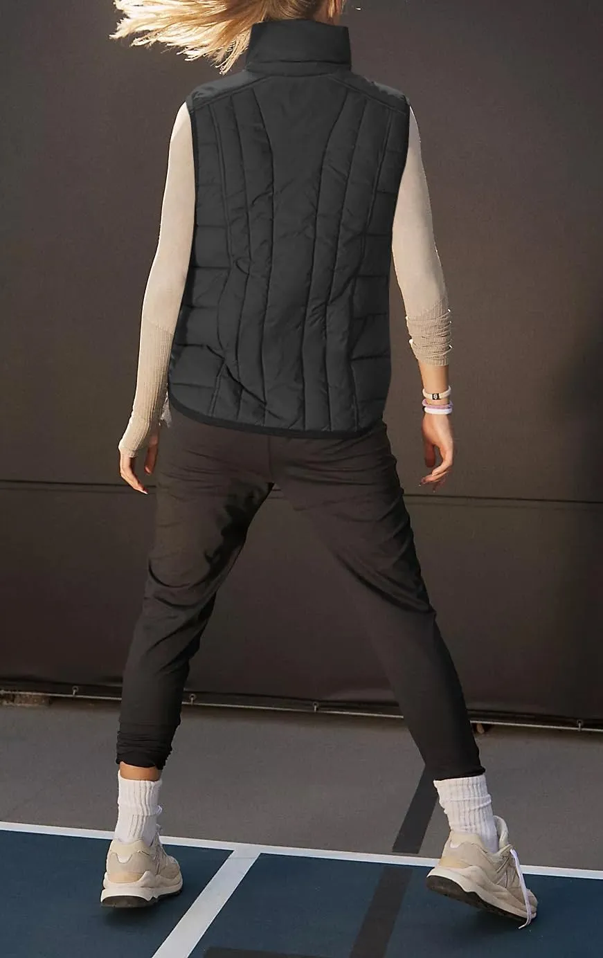 Women's Quilted Vest Casual Sleeveless Lightweight Zip Up Outerwear Vest Coat Winter Stand Collar Gilet 2024