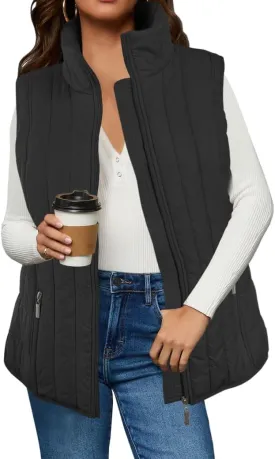 Women's Quilted Vest Casual Sleeveless Lightweight Zip Up Outerwear Vest Coat Winter Stand Collar Gilet 2024