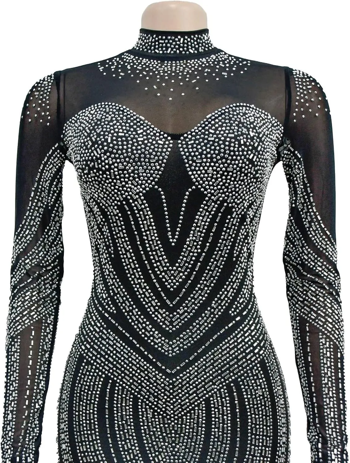 Women's Sexy Long Sleeve Turtleneck Rhinestones Mesh Bodycon High Low Hem Cocktail Party Dress