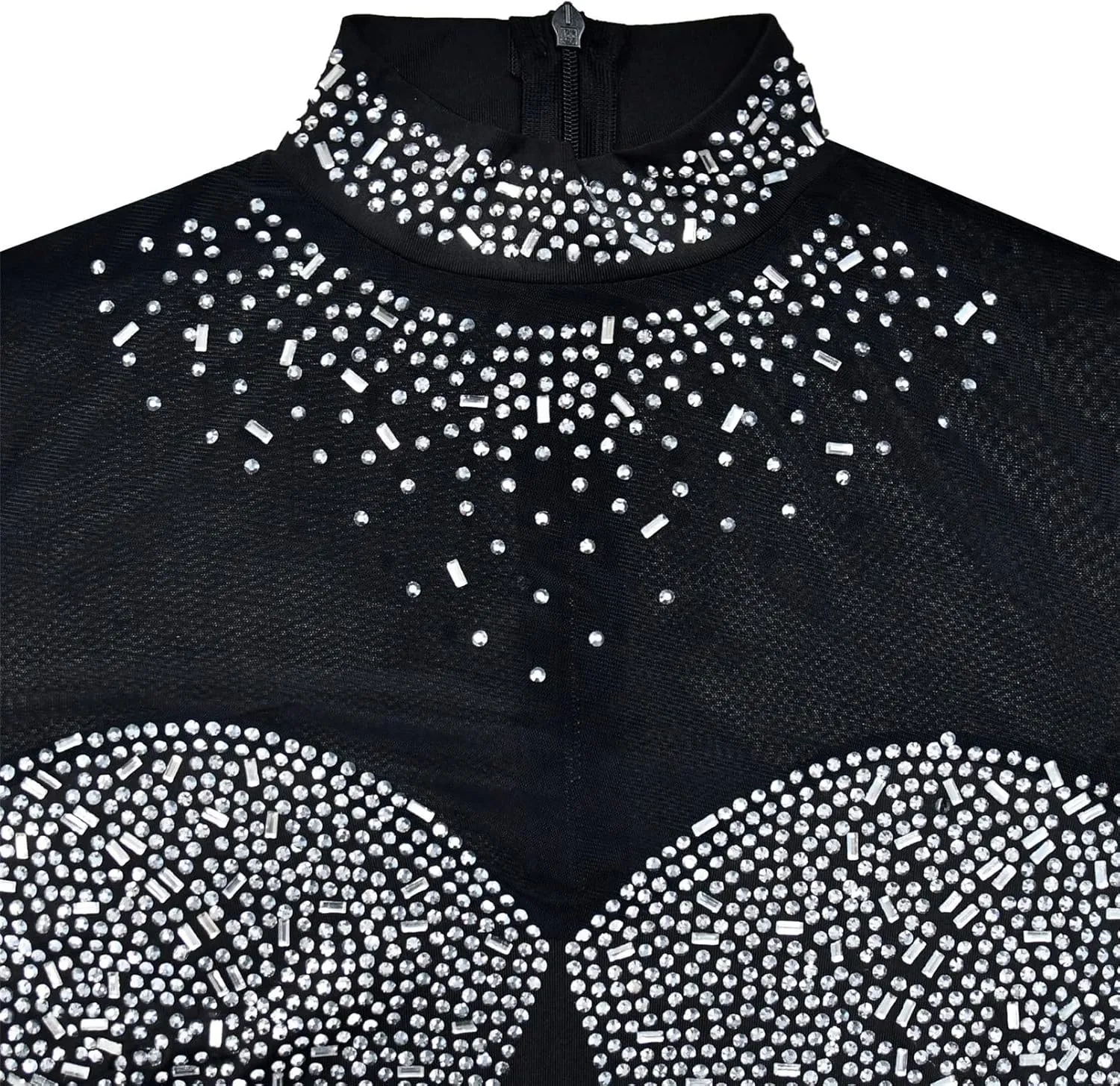 Women's Sexy Long Sleeve Turtleneck Rhinestones Mesh Bodycon High Low Hem Cocktail Party Dress
