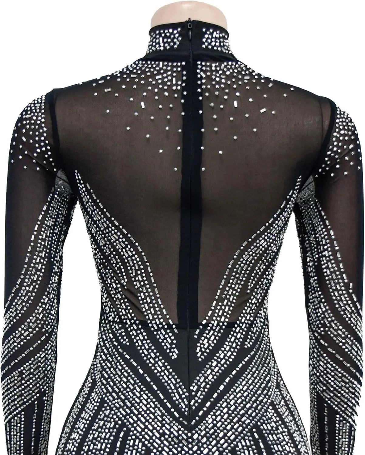 Women's Sexy Long Sleeve Turtleneck Rhinestones Mesh Bodycon High Low Hem Cocktail Party Dress