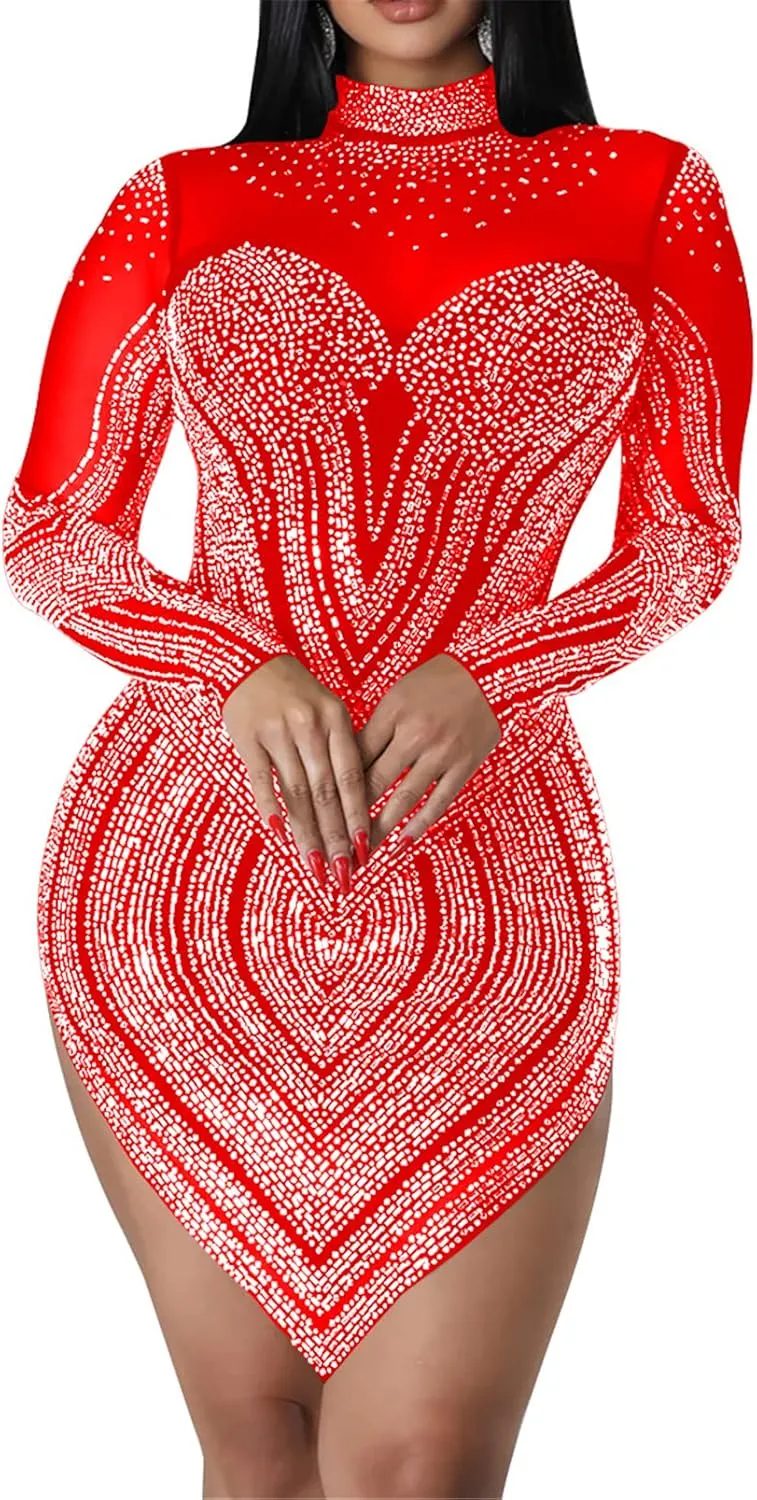 Women's Sexy Long Sleeve Turtleneck Rhinestones Mesh Bodycon High Low Hem Cocktail Party Dress