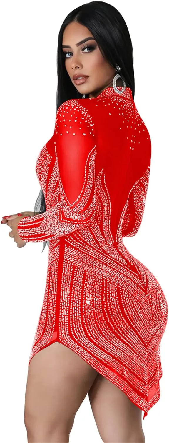 Women's Sexy Long Sleeve Turtleneck Rhinestones Mesh Bodycon High Low Hem Cocktail Party Dress