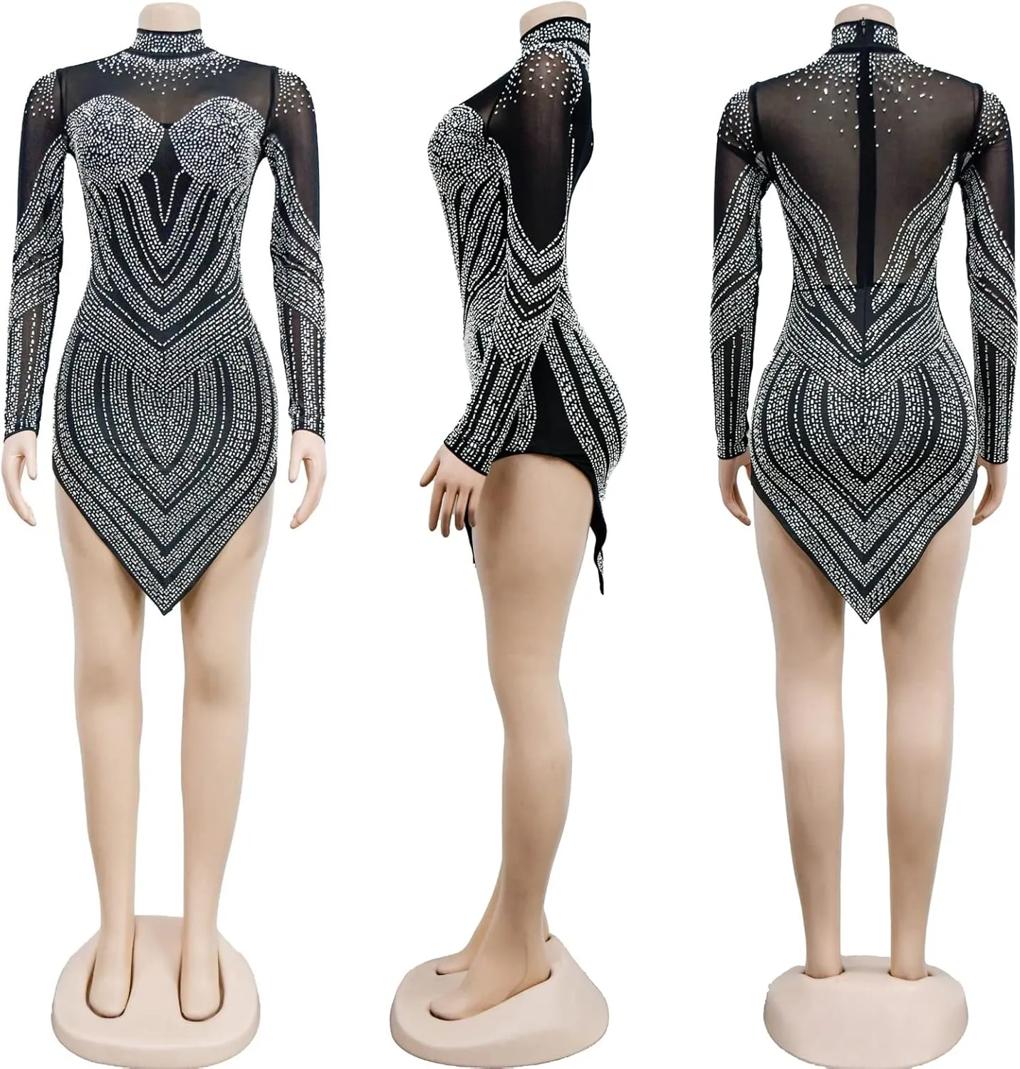Women's Sexy Long Sleeve Turtleneck Rhinestones Mesh Bodycon High Low Hem Cocktail Party Dress